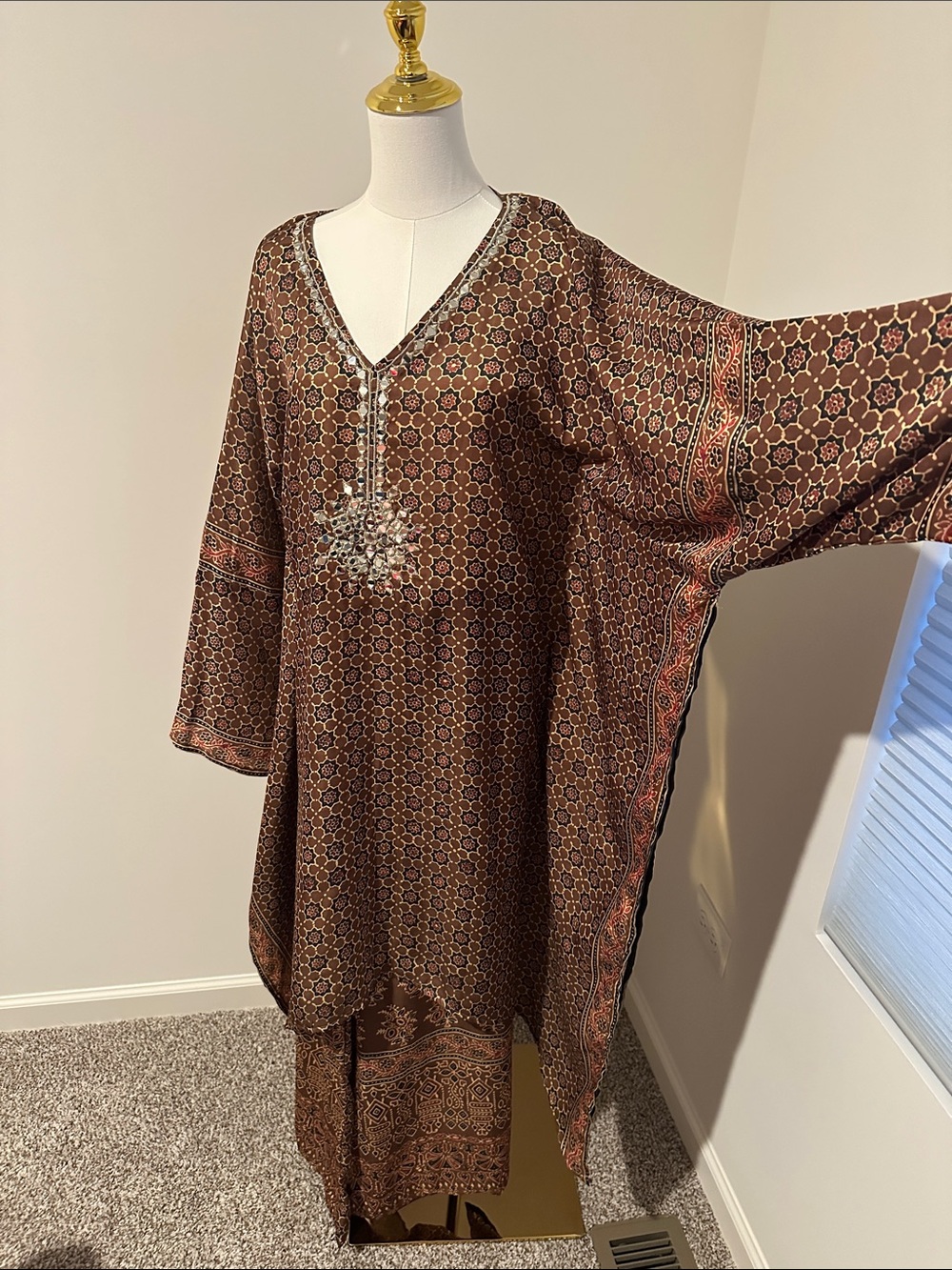 Brown Bohemian Embroidered Tunic Dress